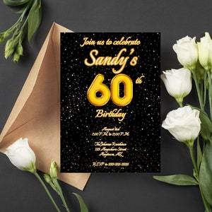 60th Balloon and Gold Confetti Adult Birthday Invitation | Digital 5” x 7” Editable Invite Template Printable