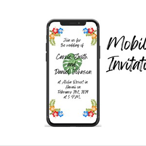 Destination Wedding Mobile Invitation Evite | White Tropical Hibiscus Flowers Palm Leaves Text Digital Invite