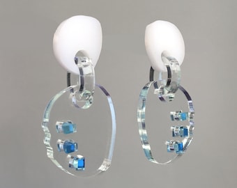 Acrylic Dangle Earrings • Translucent with Blue Accents, Sterling Silver Posts