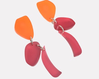 Boucles d'oreilles en acrylique double drop • BO couleur givré framboise et orange • tige en argent • Cadeau pour elle • Bijou original •