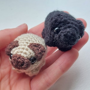 Tiny Baby PUG Dogs Crochet Gift Handmade Keepsakes Large & Small 3cm 5cm Beige, White or Black - Pocket Pets