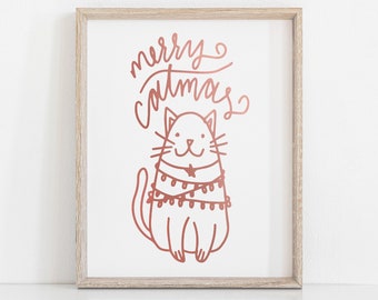 Merry Catmas Holiday Sign, Cat Christmas Art Prints, Cat Lover Wall Art