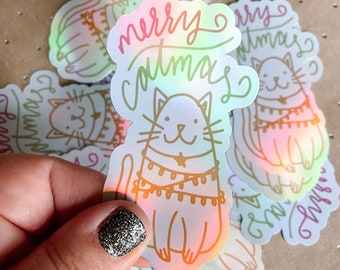 Merry Catmas Sticker, Holographic Cat Sticker, Waterproof Vinyl Stickers