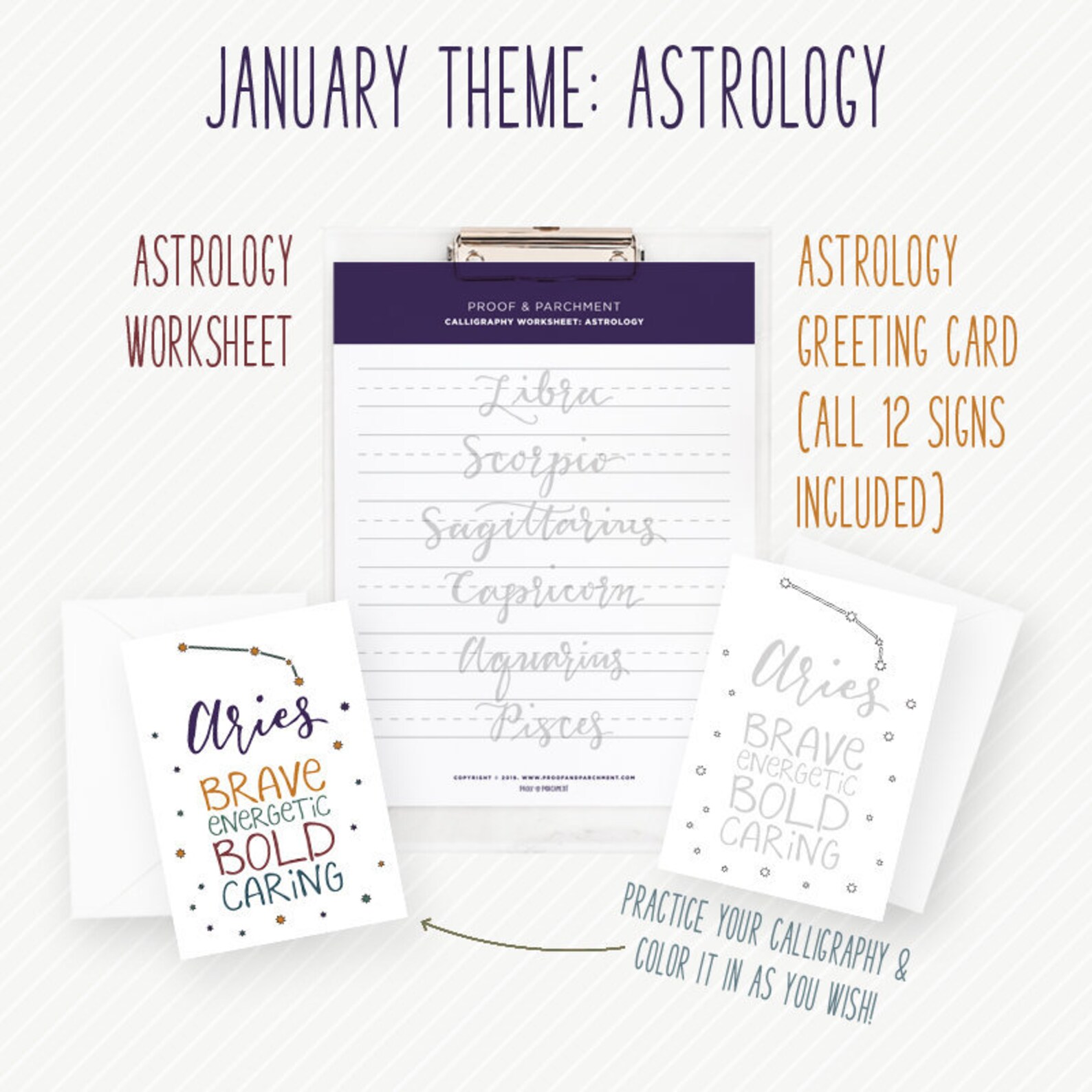 Astrology Printable Lettering Practice Worksheets Zodiac | Etsy