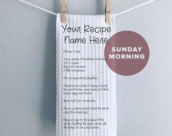 Sunday Morning Recipe Towel, Personalized Holiday Kitchen Towel, Christmas Recipe Tea Towel