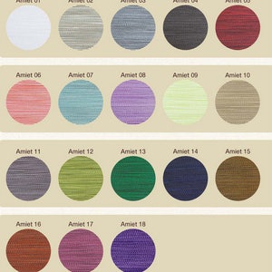 May include: A chart of 18 different fabric swatches, each with a unique color and texture. The swatches are labeled with numbers 1 through 18.