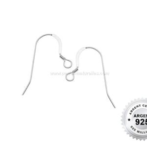 Peut inclure: Deux crochets d'oreille en argent, chacun avec une boucle en haut et un fil incurvé qui se termine par une petite boucle. Les crochets sont en argent 925, comme indiqué par l'étiquette "Argent 925 Millièmes" sur l'image.