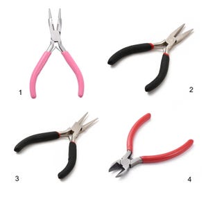 May include: Four different types of pliers with various colored handles. The pliers are used for jewelry making and crafting.