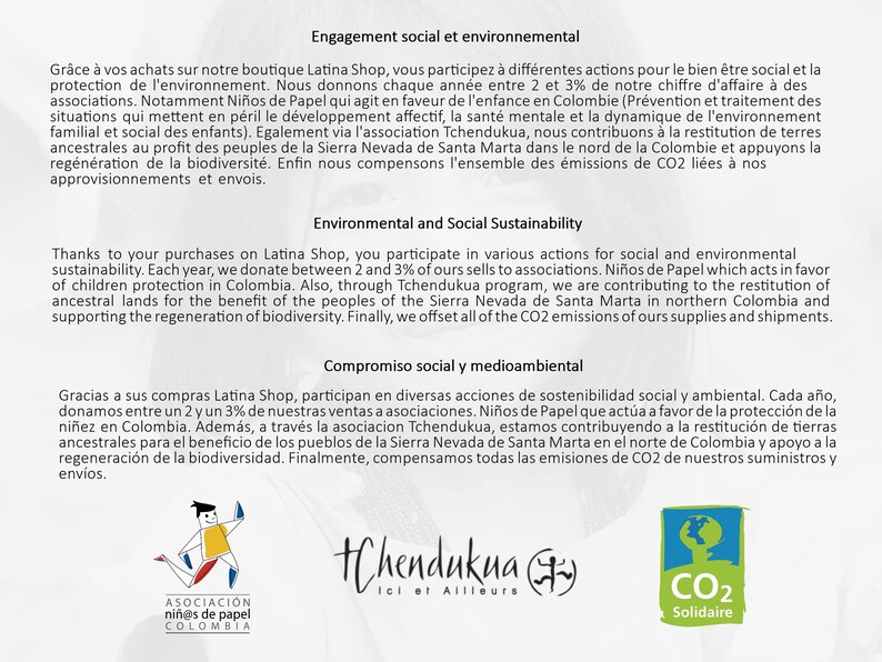 Puede incluir: Una imagen en blanco y negro con texto en franc&eacute;s, ingl&eacute;s y espa&ntilde;ol. El texto describe el compromiso de la empresa con la sostenibilidad social y ambiental. La imagen tambi&eacute;n incluye los logotipos de las organizaciones "Ni&ntilde;os de Papel" y "Tchendukua".