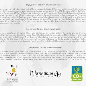 May include: A white and black image with text in French, English, and Spanish. The text describes the company's commitment to social and environmental sustainability. The image also includes logos for the organizations "Ni&ntilde;os de Papel" and "Tchendukua".