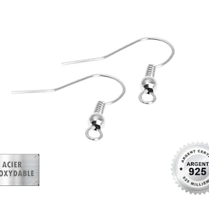 Peut inclure: Deux crochets d'oreille argentés avec une fermeture à ressort. Les crochets sont en acier inoxydable et sont marqués "925" et "Argent" sur une étiquette argentée.