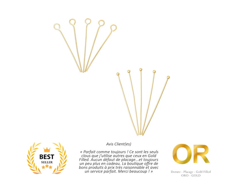 Or 18K Tête Ronde ou Boule 10, 100 ou 1000 Clous Or Dorure à l'or fin image 1