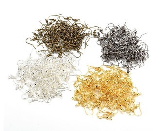 May include: A collection of earring hooks in various metallic finishes: antique bronze, black, silver, and gold. Each hook features a looped end for attaching to earring components and a curved wire for securing to the ear. Ideal for jewelry making.