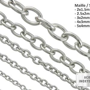May include: Close-up of several silver-coloured stainless steel chain links in various sizes. The chains are displayed against a white background. The text "Maile / Size" and chain dimensions are visible.