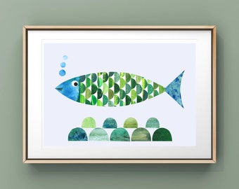 Coastal Wall Art, Fish Wall Decor, Nautical, Fish Print, Green Fish, Contemporary Print, Kids Wall Art, Marine Decor, Ocean Print, Fish Art