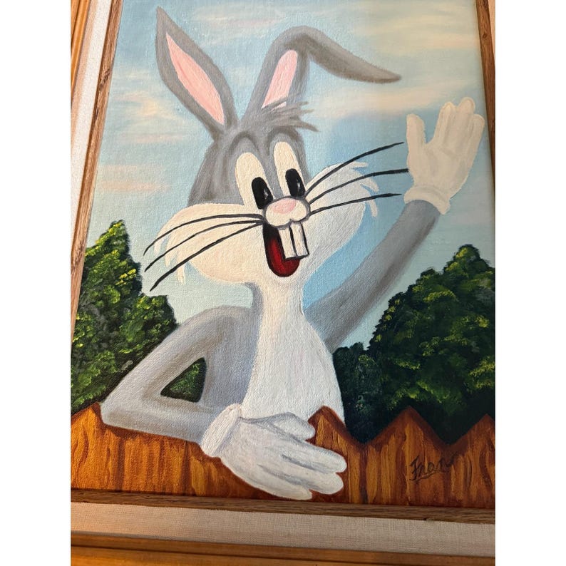 Vintage Framed Cartoon Rabbit Painting Signed Canvas Whimsical Wall Art ...