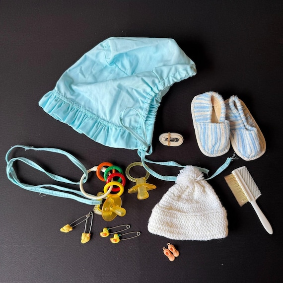 Vintage Infant Baby Lot Real Use Bonnet Booties Pacifiers Nursery Items Retro