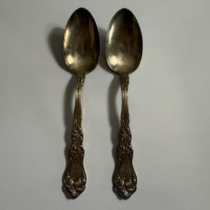 May include: Two antique silver spoons with ornate floral and scrollwork detailing on the handles. The spoons have an oval bowl shape and are set against a white background. Each handle has an engraved initial.