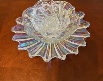 Iridescent Glass Candy Dish Fluted Edges & Intricate Swirl Design