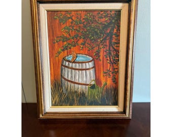 Vintage Framed Farmhouse Painting Barrel Butterfly Rustic Wall Art Canvas