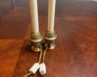 Vintage Brass Electric Candle Lamps Set of 2 Ornate Base Window Lights 7.75in