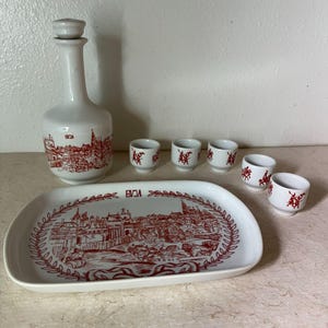 vintage alfoldi 70&#39;s Hungarian Porcelain Decanter Set With Tray & 6 Cups