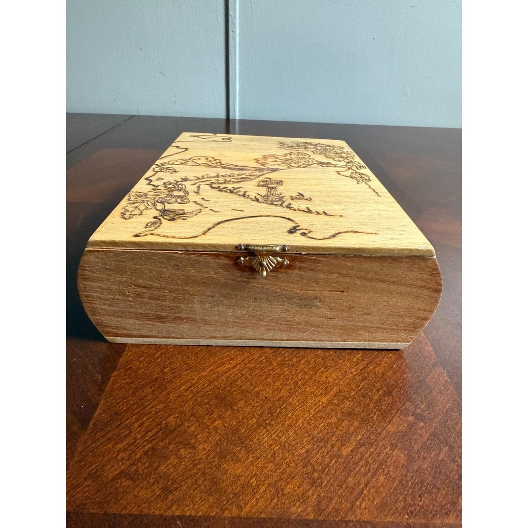 Vintage Pyrography Wood Burned Folk Art Box Hinged Lid Floral Bookshelf ...
