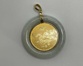 14K Yellow Gold & Green medallion Jade Pendant chinesse Dragon Design read