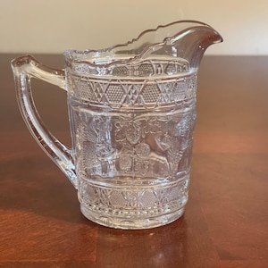 Vintage indiana Clear Pressed Glass Creamer birds & Floral  small glass pitcher decorative glassware collectible