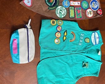 Vintage Girl Scouts Uniform Vest w/ Badges, Sash & Pouch Lot 1990s USA