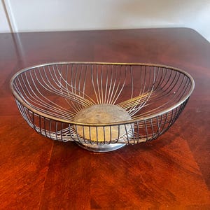 Vintage Silverplated Wire metal bread Fruit Basket Oval Decor Centerpiece footed silver kitchen accessory antique wire basket retro basket