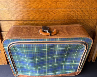 Vintage 60s Tartan Plaid Suitcase Retro Luggage Brown Faux Leather