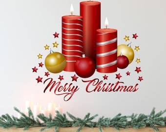 DIY removable Merry Christmas wall candles decal, DIY winter holiday vinyl decor sign, storefront vintage decoration