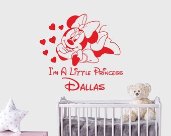 Decoración de pared de Minnie Mouse - Nombre personalizado - Calcomanías de vinilo - Decoración de habitación de niña - Calcomanía de Minnie Mouse - Pegatina con nombre - Decoración infantil SM77
