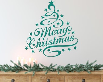Removable DIY Merry Christmas tree wall decal, DIY winter holiday vinyl decor sign, storefront vintage decoration
