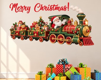 Removable Polar Express Merry Christmas wall decal, DIY winter holiday Santa vinyl decor sign, storefront vintage decoration