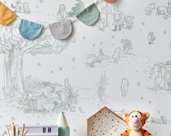 Removable Winnie the Pooh nursery wallpaper for boy and girl room, DIY peel and stick kids toddler wall accent decor, playroom wall covering