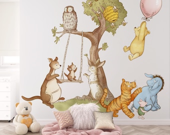 May include: A Winnie the Pooh themed nursery wall decal featuring a brown kangaroo, a brown rabbit, a brown owl, a yellow bear, a blue donkey, an orange tiger, and a pink balloon.