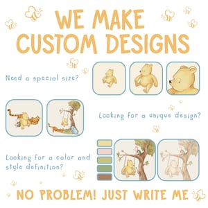 K&ouml;nnte beinhalten: Eine Grafikdesign-Werbung mit dem Text "WE MAKE CUSTOM DESIGNS". Die Werbung zeigt Illustrationen eines B&auml;ren und einer Katze in verschiedenen Posen. Der Text "Need a special size?" und "Looking for a unique design?" ist ebenfalls enthalten. Die Werbung enth&auml;lt auch eine Farbpalette mit verschiedenen Schattierungen von Rosa, Gr&uuml;n, Braun und Gelb.