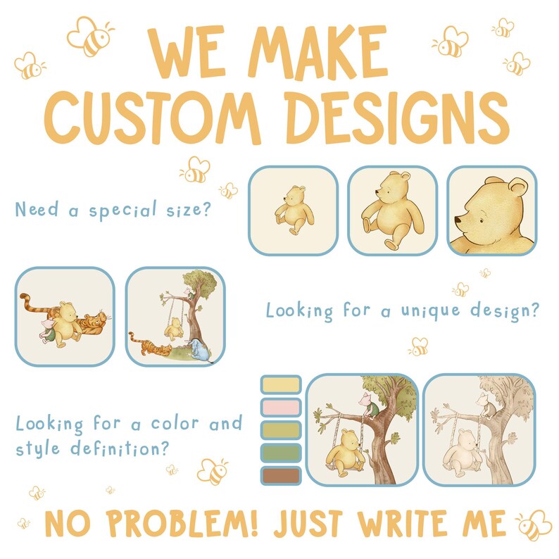 K&ouml;nnte beinhalten: Eine Grafikdesign-Werbung mit dem Text "WE MAKE CUSTOM DESIGNS". Die Werbung zeigt Illustrationen eines B&auml;ren und einer Katze in verschiedenen Posen. Der Text "Need a special size?" und "Looking for a unique design?" ist ebenfalls enthalten. Die Werbung enth&auml;lt auch eine Farbpalette mit verschiedenen Schattierungen von Rosa, Gr&uuml;n, Braun und Gelb.