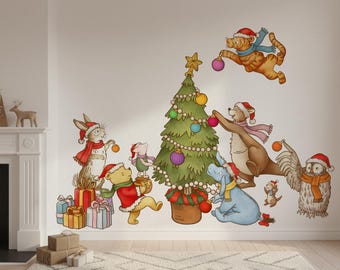 Removable DIY Winnie the Pooh wall decal, Christmas removable Owl, Tigger, Eeyore kids room pastel backdrop sticker for boys and girls