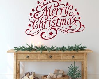 DIY removable Merry Christmas wall decal, winter holiday vinyl decor sign, storefront vintage decoration