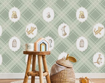 Green classic Winnie the Pooh nursery blue wallpaper, peel and stick Tigger, Eeyore, Owl room toddler wall accent decor, playroom covering
