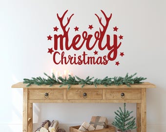 Removable Merry Christmas wall decal, DIY winter holiday vinyl decor sign, storefront vintage decoration