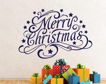 Merry Christmas wall decal, DIY removable winter holiday vinyl decor sign, storefront vintage decoration