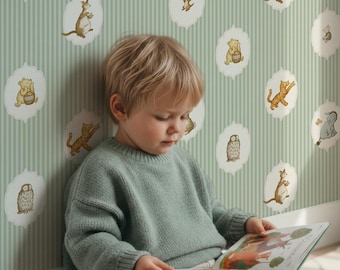 DIY Winnie the Pooh nursery wallpaper, removable vintage peel and stick boy and girl room toddler wall accent decor, playroom wall covering