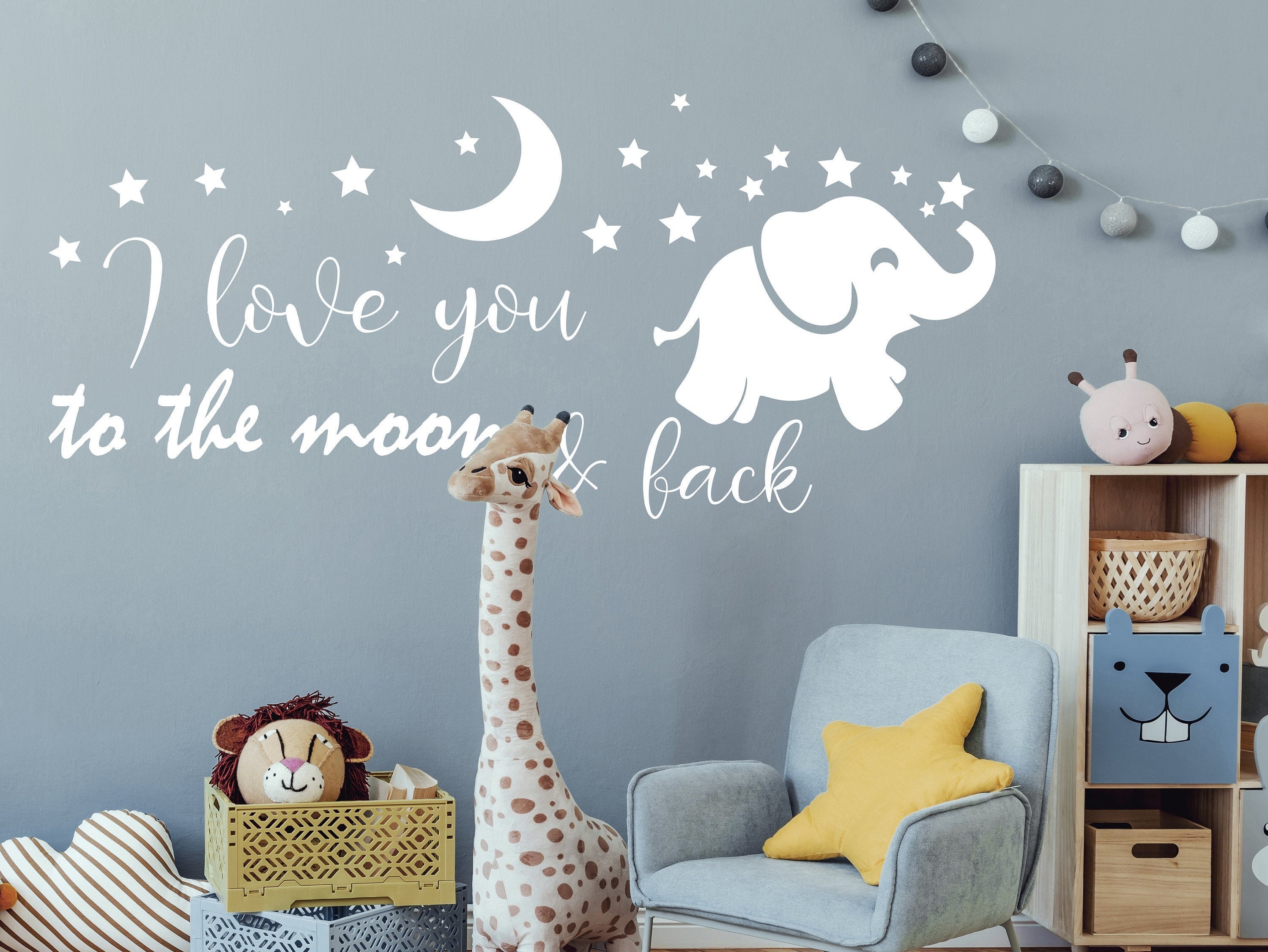 I Love You To the Moon and Back Nursery Wall Sticker SM292 Elephant Kids Room Decor Quote Wall Decal Over the Crib Moon Wall Decals