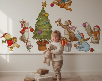Removable DIY Winnie the Pooh Christmas tree nursery decal, Tigger, Eeyore kids room pastel backdrop wall sticker for boys and girls
