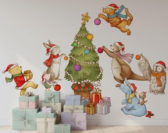 Christmas DIY Winnie the Pooh nursery sticker, removable Tigger, Eeyore kids room pastel backdrop wall decal for boys and girls