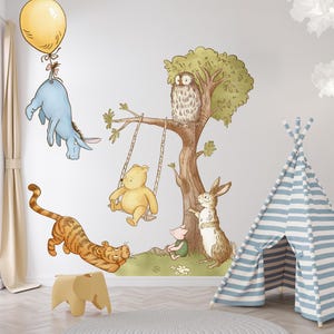 Classic Winnie the Pooh Wall Decal Kids Room, Large Tree Sticker Nursery, Winnie, Piglet, Tigger, Eeyore, Owl, Rabbit Decal Baby Girl Boy